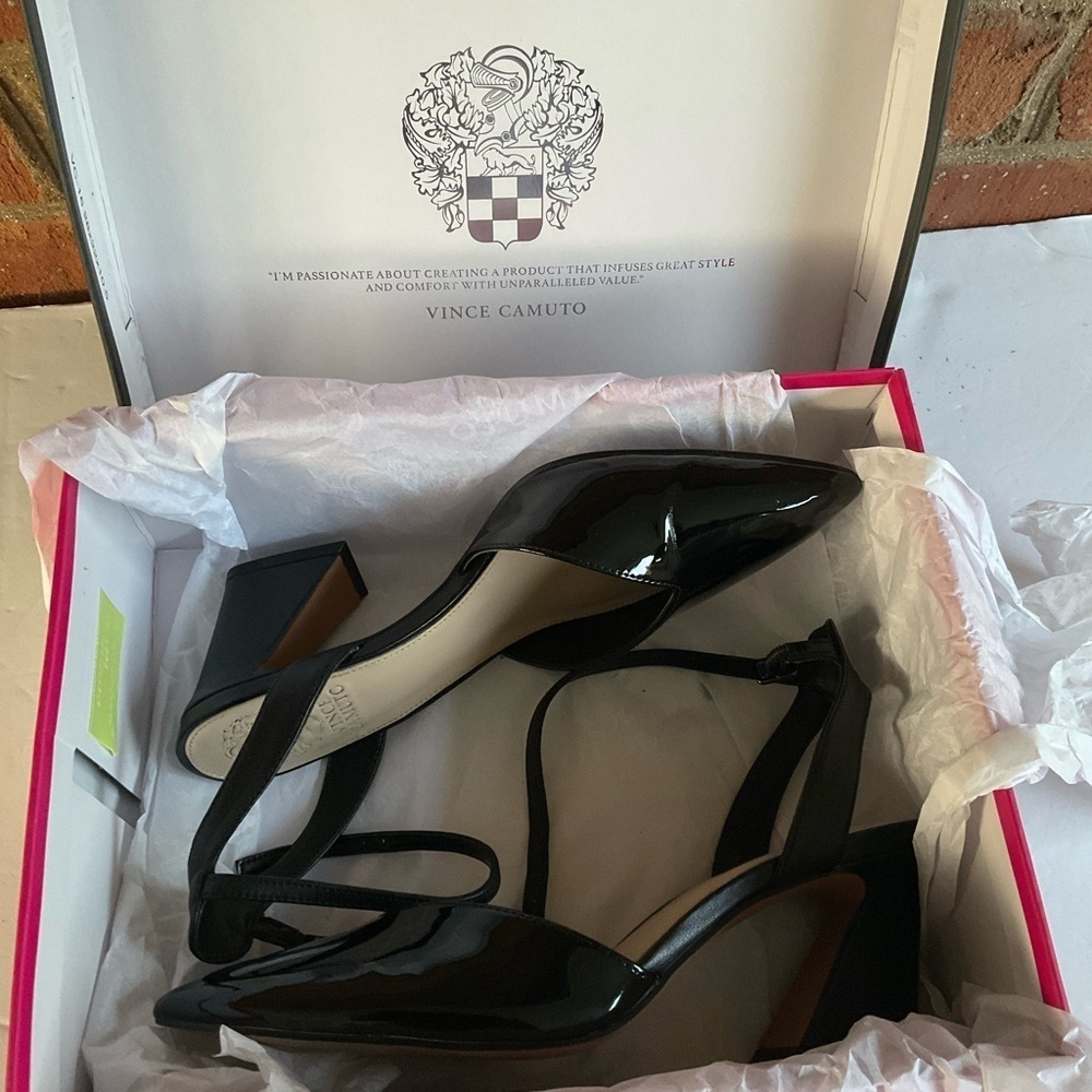 Vince Camuto Black Slingback Heels with Ankle Closure Patent Faux Leather - Picture 6 of 12